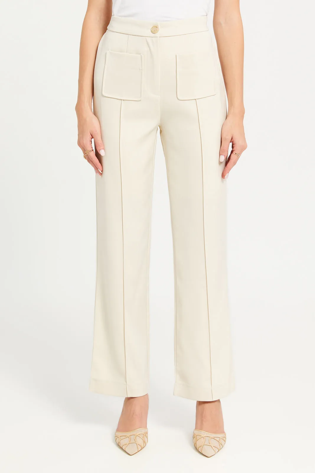 Women Ecru High Waisted Wide Leg Trouser